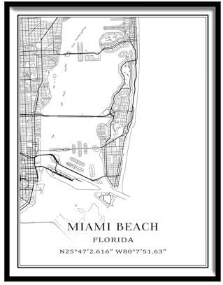 Tanokcrs Miami Beach Florida, Amerika, Wandkunst, Stadtkarte, Gemälde, Leinwand, ungerahmt, Kunstwerk, modernes einfaches Poster, Heimbüro, Dekoration, 27,9 x 35,6 cm