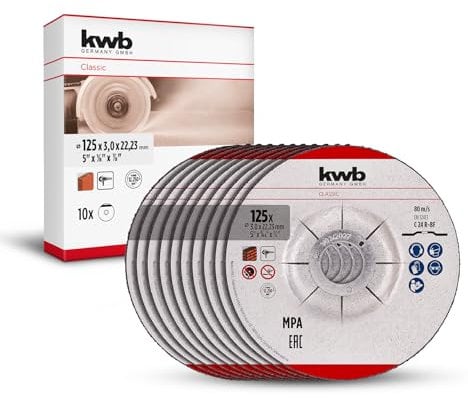 kwb Trennscheiben, Gewebetrennscheiben-Set (10-tlg., Ø 125 mm, für Mauerwerk und Stein, MPA-zertifiziert, markenunabhängig, gekröpfte Scheibenform, für Winkelschleifer)