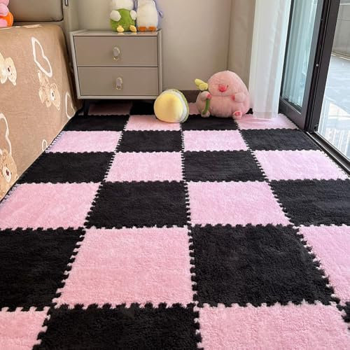 12pcs Carpet Squares Puzzle Floor Mat, Plush Interlocking Carpet Tiles, Anti Slip EVA Foam Jigsaw Floor Tiles, Build A Safe Area for Bedroom Playroom (Pink+Black)