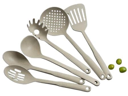 Kitchen Utensils Set 6 Pcs 30cm Non-Stick Cooking Slotted Spoons Turners Spatula Soup Ladle Pasta Fork & Spaghetti Serving Spoon Set Dishwasher Safe Kitchen Tools (Cream)