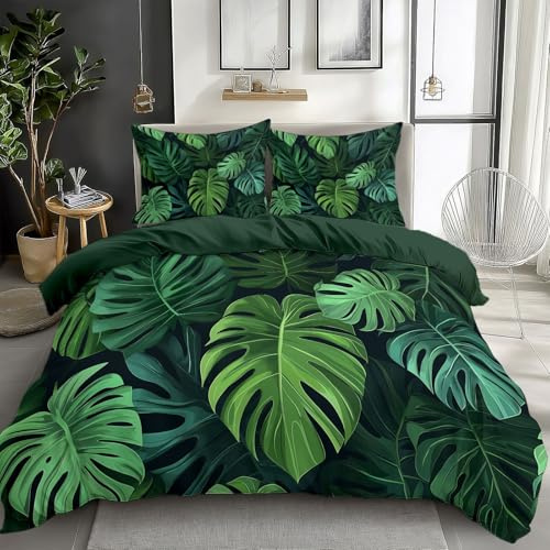 Bettbezug Pflanzen Tropische Monstera Bettwäsche Set 135 x 200 cm, Pflanze Palmblätter Bettwäsche-Set Mädchen Junge Kinder Deluxe Mikrofaser Weiche Bettbezug mit Reißverschluss und Kissenbezüge