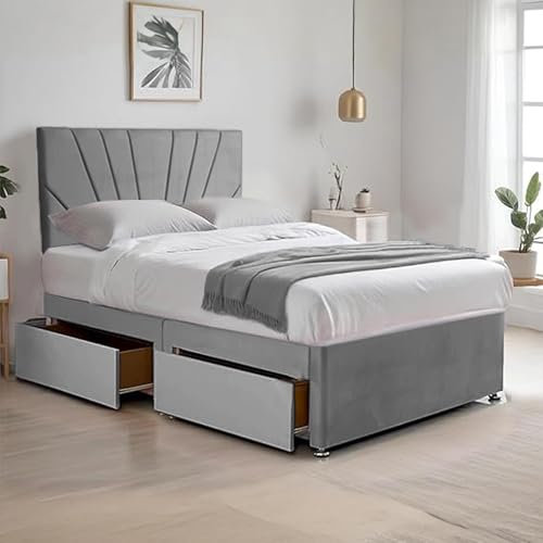Ultra-Cool Divan Bed | 26” Sunrise-Inspired Headboard & 2 Storage Drawers | Bed with Spring Memory Foam Mattress (Grey, 4FT Small Double Bed)
