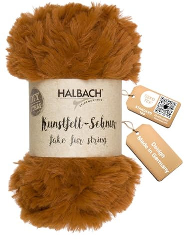 Halbach Seidenbänder flauschige Wolle zum stricken | 50g Knäul - Breite: 1cm | Kunstfellgarn zum basteln | Farbe: caramel