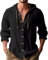 Mens Cotton Linen Hoodies Long Sleeve Button Down Shirts Casual Hawaiian Beach Yoga Sweatshirts Loose Fit Breathable Boho Hippie T-Shirts (Oversized T Shirt Men Black,3XL)