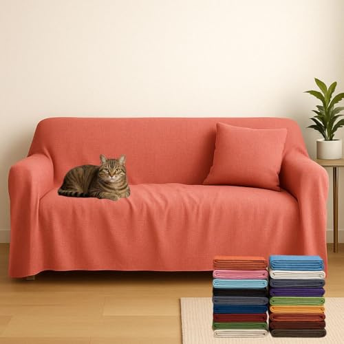 Generico Telo Copritutto Multiuso – Copridivano 2 Posti o Copriletto Singolo/Matrimoniale, Misto Cotone Tinta Unita Corallo, Misure 170 x 280 cm – Made in Italy