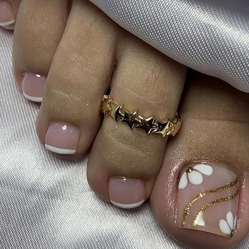 Ceboic 24 Pièces Faux Ongles D'orteil Court, Nude Pink Carré Faux Ongles Pieds, 12 Tailles Couverture Complète French Capsule Ongle Pied, Fleurs Blanches Ongles d'orteils pour Femmes Filles Nail Art