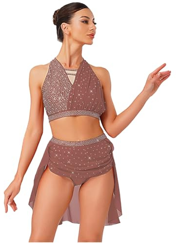 inlzdz Femme Costume de Danse lyrique Deux pièces Tenue de Danse sans Manches Glitter Crop Top Jupe de Danse Culotte de Danse Vêtements de Danse Rose poudré S