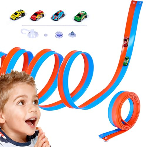 Havnidy 20Ft Flexibles Auto Rennbahn Spielzeug mit Saugnäpfen & 4 Rückzieh-Autos | Doppelspur Blau & Orange | Tragbare Rennstrecke für Kinder 3–8 Jahre | Rollbare Autorennbahn Geschenk