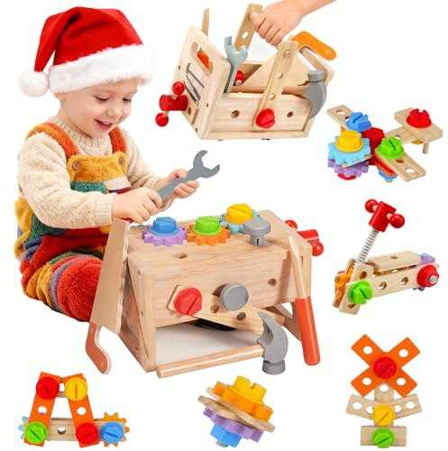 CXCOSRY Holz Werkzeugkasten für Kinder: 29-teiliges Montessori Holz Werkzeugset mit Koffer – Lernspielzeug zur Förderung der Motorik für Jungen und Mädchen