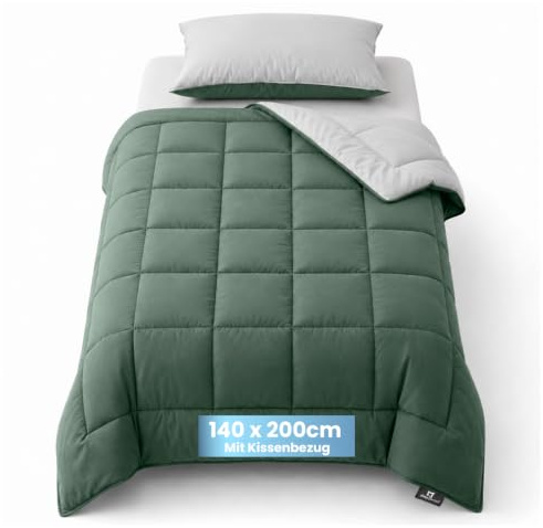 Slaapspeciaal Bettdecke ohne Bezug 135x200 - Ganzjahresdecke Wärmeklasse 2 | Steppdecke mit Gelfasern für Daunengefühl [Softcell Füllung] Extra Weich - Inklusive waschbarem Kissenbezug - Grün Grau