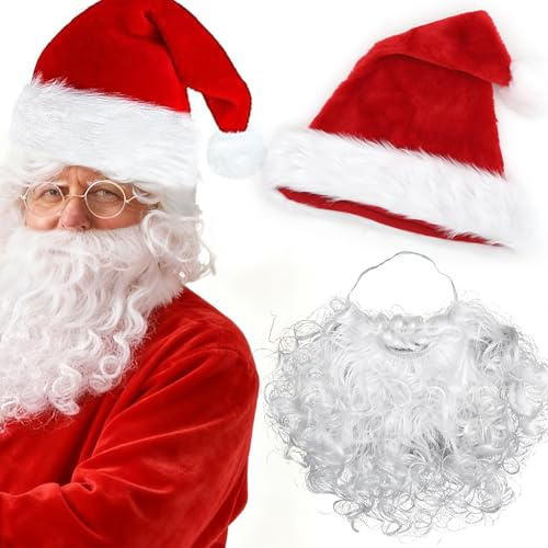 Luxiremi 2 teiliges Set mit Weihnachtsmütze und Bart für Erwachsene | Rote Mütze und Strahlend Weißer Bart für Das Klassische Weihnachtsmannkostüm, für Die Weihnachts und Silvesterparty