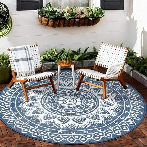 VSIWB Tappeto da esterno rotondo per terrazza 180cm reversibile impermeabile e pieghevole bohémien, per camper; tappeto da picnic e da camper, balcone, spiaggia, terrazza, Blu/Bianco