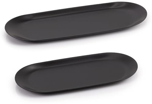 EHC Decorative Vanity Tray Set of 2, Trinket Serving Trays, Small Stainless Steel Oval Ornaments Plates for Jewellery Candle Key Cosmetics Dish Plate Bedroom Bathroom, Black
