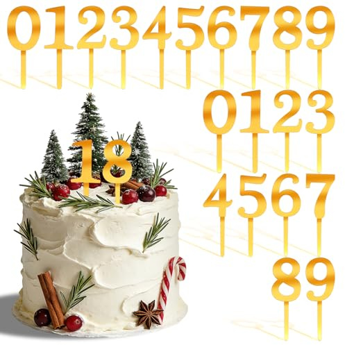 Nogeqi 20Pcs Number Cake Topper 0-9, Gold Acrylic Number Cake Topper Happy Birthday Decorations for All Ages Birthday Party Wedding Anniversary