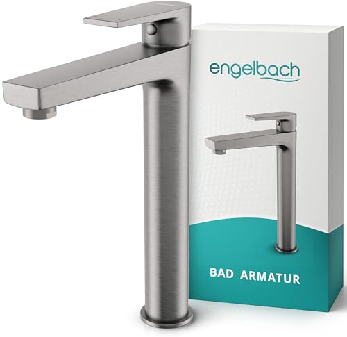 Engelbach® Wasserhahn Bad - 304 Edelstahl Waschtischarmatur Hoch mit langlebiger Keramikkartusche - inklusive 2 Schläuche & Anleitung, Armatur Badezimmer, Gebürstet