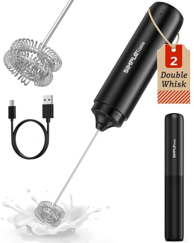 SIMPLETASTE Rechargeable Handheld Milk Frother, Dual Stainless Steel Whisk | Includes Protective Cover, USB Charging, Creates Frothy Milk Foam for Lattes, Matcha & Coffee