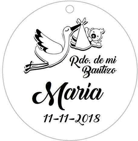 50 Etiquetas de cartón, blancas, rosas o azules con Cigüeña para bautizos personalizadas (Blanco)