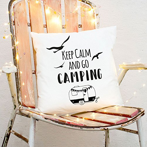 ilka parey wandtattoo-welt® Kissen Wohnwagen Möwen & Spruch Dekokissen Zierkissen Bedruckt mit Zitat Motto Keep Calm & go Camping ks172