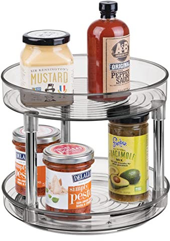 mDesign Lazy Susan Küchenregal zweistöckig – praktisches Gewürzregal für Küchenschrank oder Arbeitsplatte – drehbarer Gewürzhalter aus Kunststoff – rauchgrau