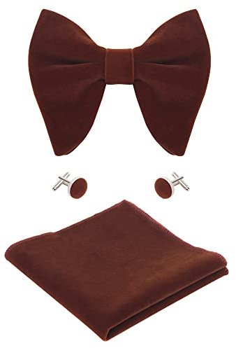 WANYING Herren Samt Oversized Fliegen & Einstecktuch & Manschettenknöpfe 3 in 1 Sets Vorgebunden Fliegen Verstellbar mit Hakenverschluß - Einfarbig Braun