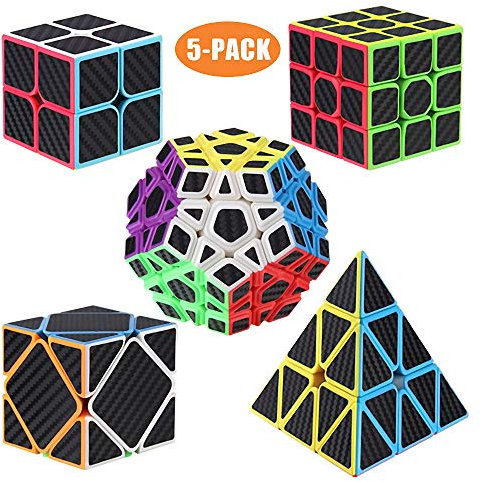 ROXENDA Speed Zauberwürfel Set, 2x2 3x3 Skweb Pyramide Dodekaeder Würfel Magischer Cube Sammlung für Kinder & Erwachsene [5 Pack] (Kohlefaser)
