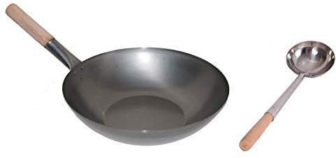 AAF Nommel ®, Wok Set, Pfanne 33 cm Ø Flacher Boden Carbon Stahl + Wok Kelle Edelstahl 44 cm lang mit Holzgriff. Für Gasherd, Elektro, Ceran und Induktion