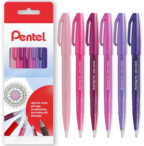 Pentel Brush Sign Pen SES15C - Brush Nib - Fibre Tip - Blossom Tones - Set of 6 - In Gift Box