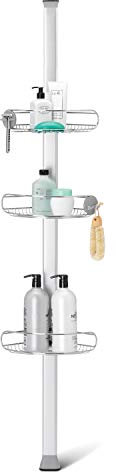 simplehuman Medium Tension Shower Caddy, Telescopic Corner Bathroom Shelf Storage Organiser, Extends 1.5m to 2.4m, Easy to Install, No Drilling, Rustproof, Adjustable Shelves, BT1109DC