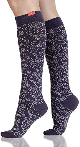 VIM & VIGR Merino Wool 20-30 mmHg Medical Grade Compression Socks (Vintage Purple Juliet Floral, Medium/Large Wide Calf (5)), Vintage Purple Juliet Floral, 5