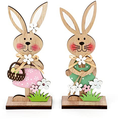 COCHIE Osterhase aus Holz,Osterhasen Deko zum Hinstellen, Osterdeko Holz Hase,2er Set Deko Aufsteller für Ostern,Osterdekoration Garten Osterhasen