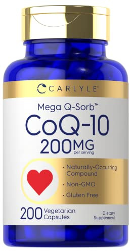 Carlyle CoQ10 200mg | 200 Capsules | Mega Q-Sorb Coenzyme Q-10 | Vegetarian, Non-GMO, Gluten Free Supplement
