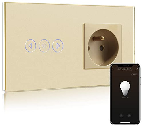 BSEED Prise Murale normale avec WifI Variateur de Lumière,Intelligent Interrupteur gradateur+Prise normale Or,Compatible avec Amazon Alexa et Google Home,Contrôle Vocal et Fonction de Temps