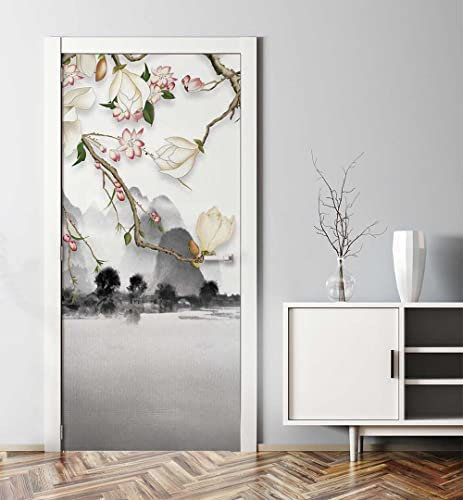 MyMaxxi - Tür bekleben mit Türtapete Türposter Türfolie Selbstklebend 90x200 Japanische Küste mit Blüten - Tür verschönern Türaufkleber Türklebefolie Gebirge Landschaft weiß