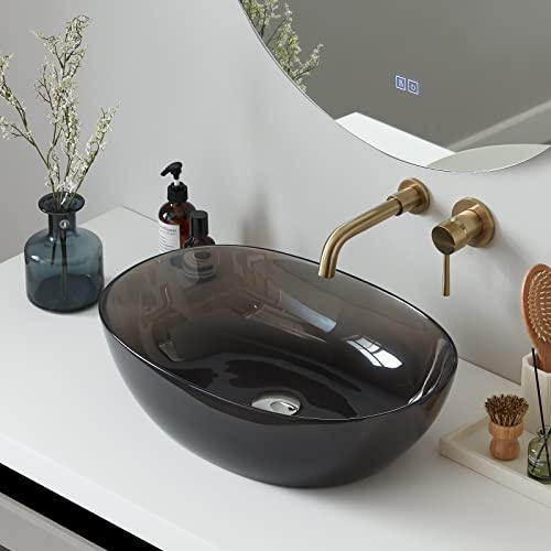 Cpingao Fregadero de baño redondo de resina de piedra transparente de 17.7 pulgadas, lavabo sobre encimera con drenaje emergente (negro)