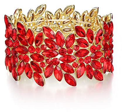 EVER FAITH Elastisch Stretch-Armband Art Deco Vintage runder Marquise Kristall Armkette für Party-Abschlussball Rot Gold-Ton
