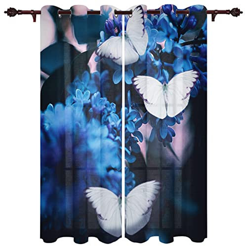 BIURKA 3D Vorhang Blickdicht,Blaue Blumen-Schmetterlinge 100% Polyesterfaser Wohnkultur Personalisierter Druck Kinder Vorhang Schlafzimmer 220x210cm