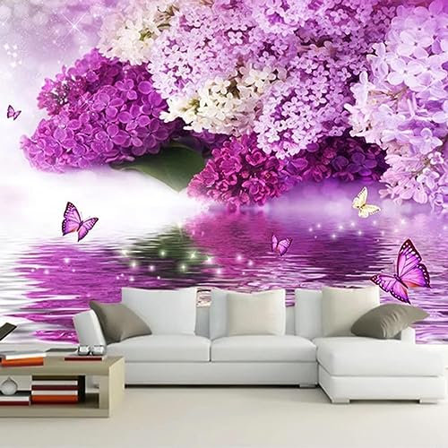 GIVLWF Papier Peint Panoramique de Papillon De Fleurs Violettes Modernes, Art De Papillon De Fleur Pourpre Poster Murale Intissé - pour Chambre Salon Décoration Murale 450 x 315 cm