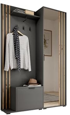 Garderobe mit Spiegel Flurgarderobe Garderobenschrank Kompaktgarderobe Dielenschrank Garderobe Set Regal Diele & Flur Kleiderschrank Schuhschrank 135x197x34 cm John, Grau + Artisan