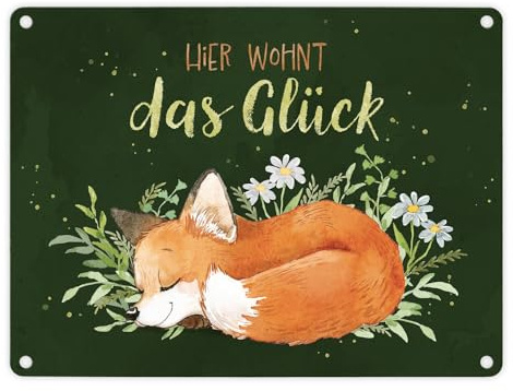 Fuchs Metallschild in 15x20 cm in grün mit Spruch Hier wohnt das Glück ein herbstliches Schild für Naturliebhaber Motiv Aquarell Zeichnung Frauen Geburtstag Natur Blechschild