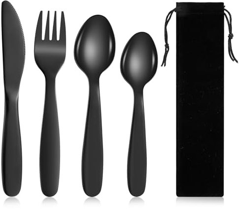 Partideal Camping Cutlery Set, 4 Pcs Titanium Black Flatware Set with Bag, Stainless Steel Plating Camping with Spoon Knife Fork for Outdoor Picnic Camping Office