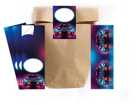 Minkocards 12 Lesezeichen + 12 Geschenktüten (Natur) + 12 Aufkleber Rennwagen Auto Mitgebselset Gastgeschenke für Kindergeburtstag Jungsgeburtstag