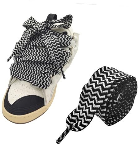 UamGlsob Lacets Gros Extra-Larges 3cm pour Baskets Lanvin, Lacet Plats Géants Colorés Style Chunky Laces (Black+white,140cm)