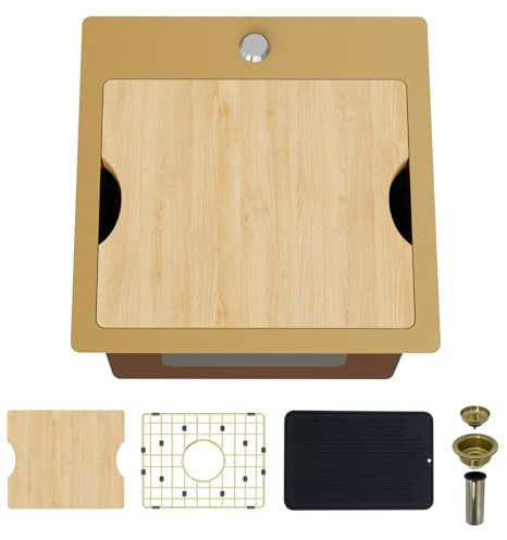 Gold Kitchen & Bar Sink Workstation, 15x15 Stainless Steel Drop in Single Bowl Small Kitchen and Bar Sink Workstation with Gold-Tone Accessories Add Stylish and Luxurious Look for Kitchens