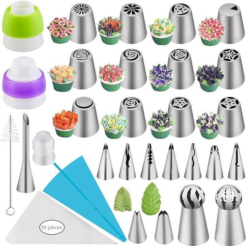 Lot de 59 Douilles de Pâtisserie Russe,Conseils Pour Le Glaçage Floral,Douilles Patisserie,Set d’Accessoires de Pâtisserie Pour Cupcakes