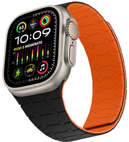 ZZDZZ Compatible avec Bracelet Apple Watch 49mm 46mm 45mm 44mm 42mm 41mm 40mm 38mm, Bracelet Silicone Magnétique pour iWatch Ultra 2 Série10 9 8 7 6 5 4 3 2 1 SE (42/44/45/46/49, Noir/Orange)