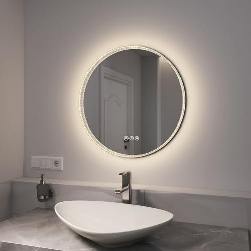 EMKE Spiegel mit Beleuchtung Rund 60cm LED Badspiegel mit Beleuchtung Touch-Schalter, Dimmbar 3 Lichtfarben, Beschlagfrei Badezimmerspiegel mit Beleuchtung Rund Schwarzer Rahmen IP44 Energiesparend