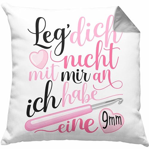 Trendation Häkeln Kissen mit Füllung 40x40 Geschenk Grafik Stricken Geschenkidee Spruch Lustig Ich Habe Eine 9 mm (Grau)