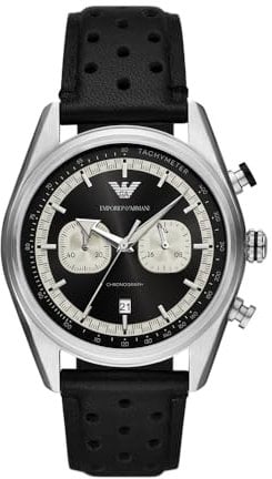 Emporio Armani Watch for Men, 2 sub dial Chronograph Movement and 43mm Case Size with Stainless Steel, Leather or Silicone Strap Metallic Schwarz, 42MM