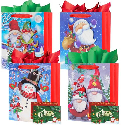 Geschenktüten Weihnachten, 4 Stück Weihnachtstüten Geschenktüte mit Henkel, Geschenk Tüte mit Seidenpapier und Karten, Papiertüten Geschenktasche für Weihnachts Geschenk,Weihnachtsfeier, Klein