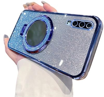 IMEIKONST Kompatibel mit Huawei P30 Hülle, Steigung Glitzer Hülle mit Make-up Spiegel Ring Ständer Niedliche Kratzfest Handyhülle für Silikon Schutzhülle für Huawei P30. Blau DSJ